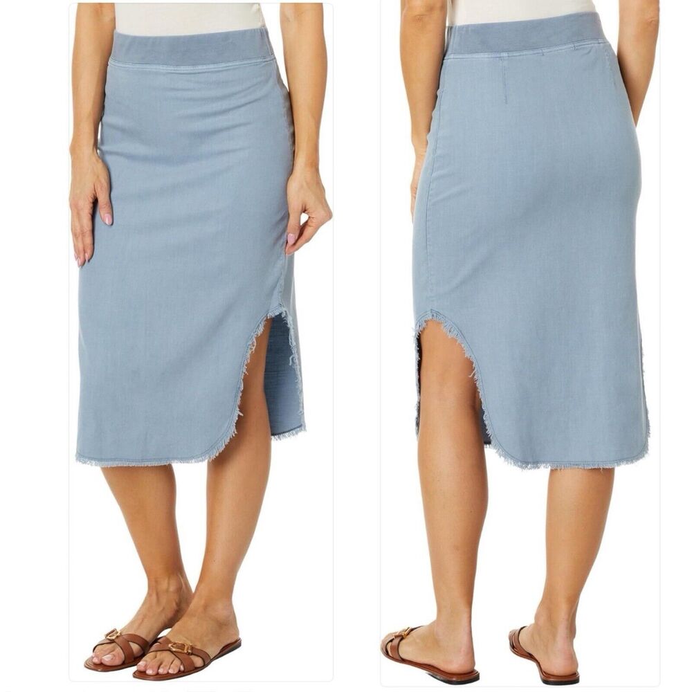 XCVI Wearables Harlowe High Cut Side Frayed Hem Midi Skirt Blue Gray Pull On XS